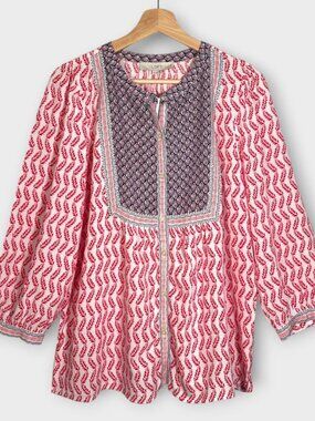 LOFT Button Up Blouse M Balloon Sleeves Red Blue NEW